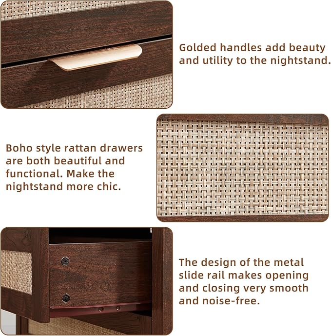 LEYAOYAO 31.5" Wide Rattan Night Stand, Oversized Large Walnut Nightstand with 2 Drawer, Boho Bed Side End Tables with Storage Shelf, Tall Bedside Table for Bedroom Living Room, Hallway
