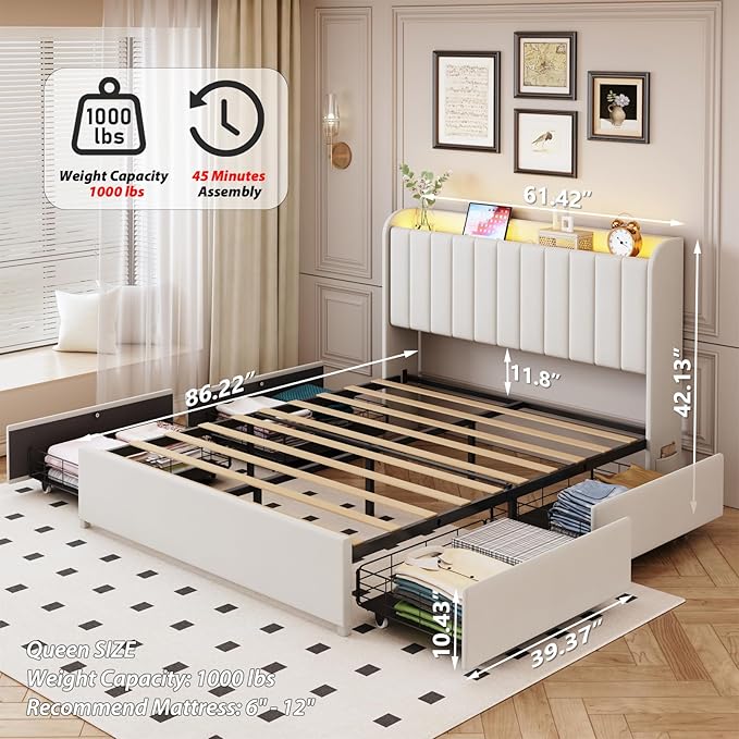 Queen Bed Frame with 4 Drawers and Storage Headboard, Upholstered Platform Bed Frame Queen Size with Led Lights and Handy Charging Station, No Box Spring Needed, Easy Assembly, Noise Free, Beige