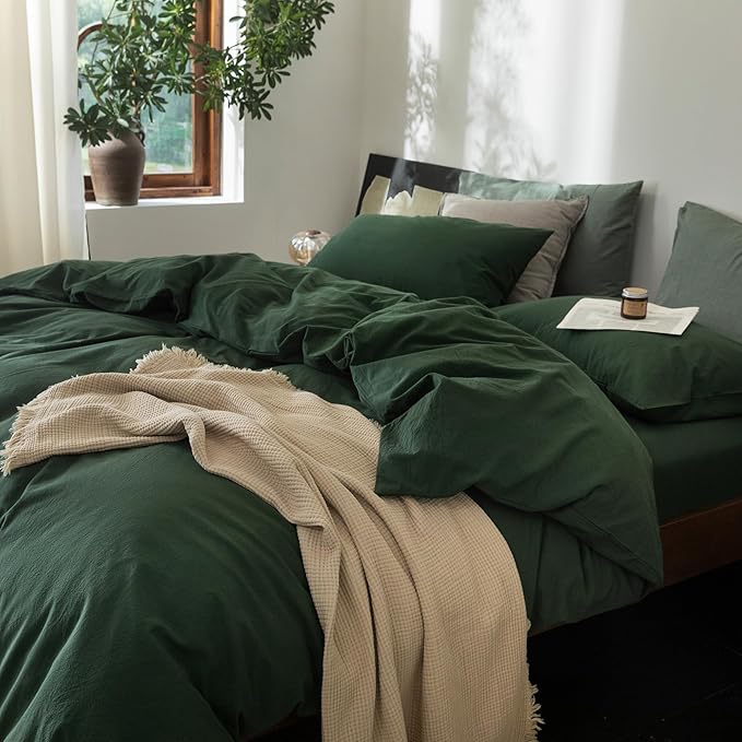 FOSSA Duvet Cover Set 100% Washed Cotton Linen Feel Super Soft Breathable Cozy 3 Pieces Bedding Sets Solid Forest Green Super King Plus