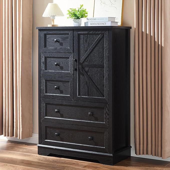 SOOWERY Black Dresser for Bedroom, 5 Drawers Farmhouse Wood Dresser with Double Storage Cabinet, 48 Inches Tall Chest of Drawers for Bedroom, Living Room, Hallway