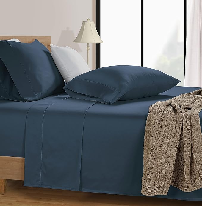 LANE LINEN King Bed Sheets – 600 Thread Count Long-Staple 100% Cotton King Size Bed Sheets, Hotel Luxury Soft Silky Sateen Weave, Durable for Daily Use, Fully Elasticized 15" Deep Pocket – Denim