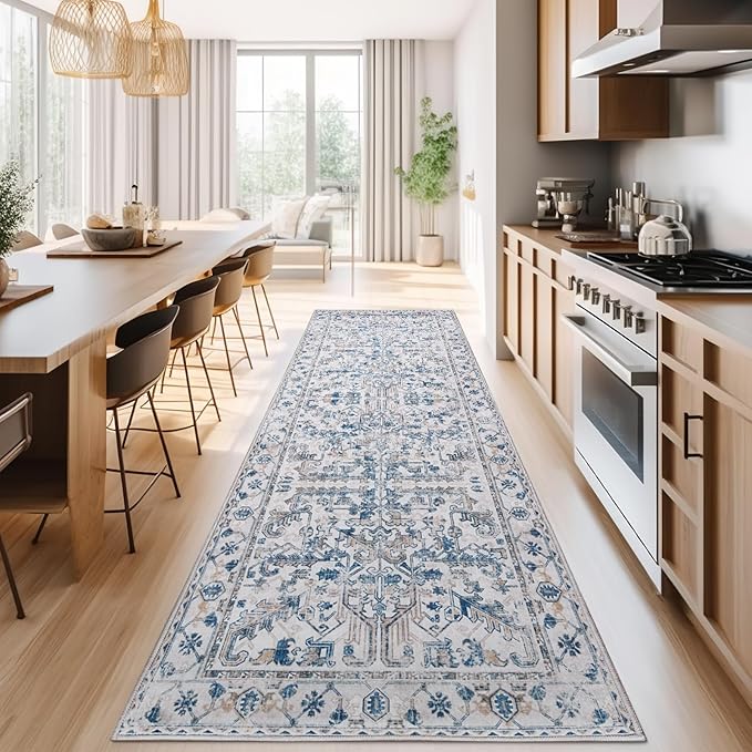 jinchan Lima Kitchen Runner Rug 3x10 - Vintage Floral Machine Washable Non-Slip Hallway Runner Rug with Rubber Backing Ultra-Thin Carpet for Bedroom Laundry Room Farmhouse (3x10ft, Blue)