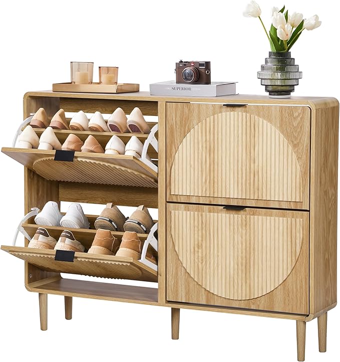 Turtle&Myrtle Narrow Fluted Shoe Cabinet for Entryway, Slim Hidden Shoe Rack, Wooden Freestanding Shoe Storage Organizer with 4 Flip Drawers, Hallway, Living Room, Foyer (Natural)