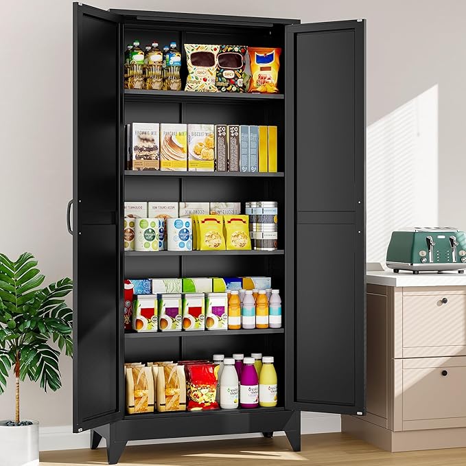SISESOL 75" Tall Pantry Cabinet,Farmhouse Kitchen Pantry Storage Cabinets with 2 Doors and 4 Shelves,Black Metal Storage Cabinet,Large Cupboard for Home,Kitchen,Dining/Living Room