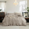 FOSSA Duvet Cover Set 100% Washed Cotton Linen Feel Super Soft Breathable Cozy 3 Pieces Bedding Sets Solid Tannish Linen Grey Full/Double