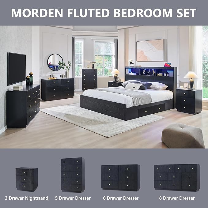 Fluted Night Stand with Charging Station, 21.65" Black Nightstand with 3 Drawer, 3 Drawer Dresser for Bedroom, Morden End Table Chests of Drawers Bedside Table for Bedroom, Living Room,Black