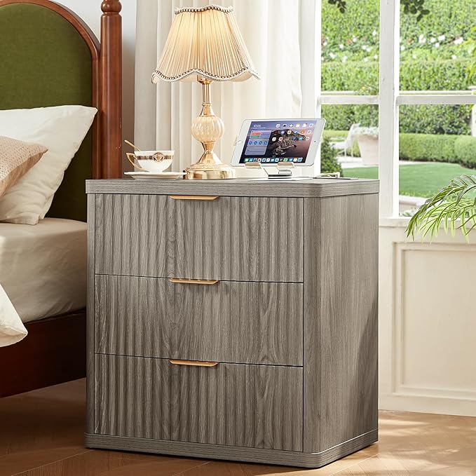 LEYAOYAO Fluted Dresser and Nightstand Sets, Wood 48" Wide Dresser & 23" Night Stand with Charging Station, 2 Piece Bedroom Furniture Set, Chest of Drawers for Bedroom, Home, Living Room, Grey