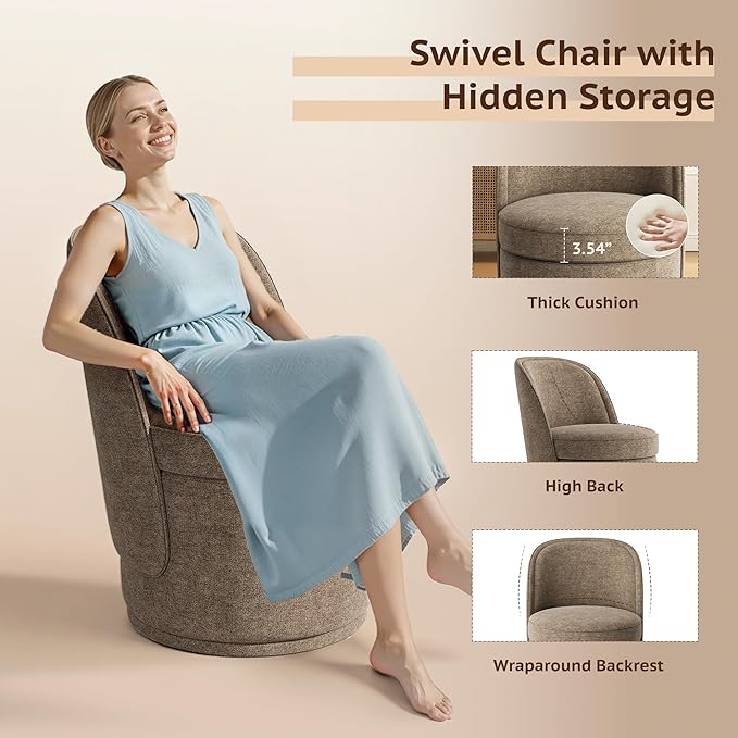 Swivel Accent Chair Set of 2, 360° Swivel Round Chair with Hidden Storage, Vanity Chairs, Modern Small Barrel Armchair for Living Room/Bedroom, Brown