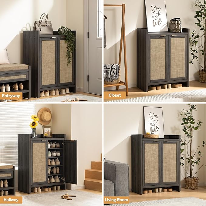 SICOTAS Shoe Cabinet Set of 2, Large Capacity Shoe Storage Organizer Cabinet, Tall Rattan Shoe Cabinet with Doors and Shelves, 6-Tier Farmhouse Boho Wooden Storage Cabinet for Entryway, Black Oak