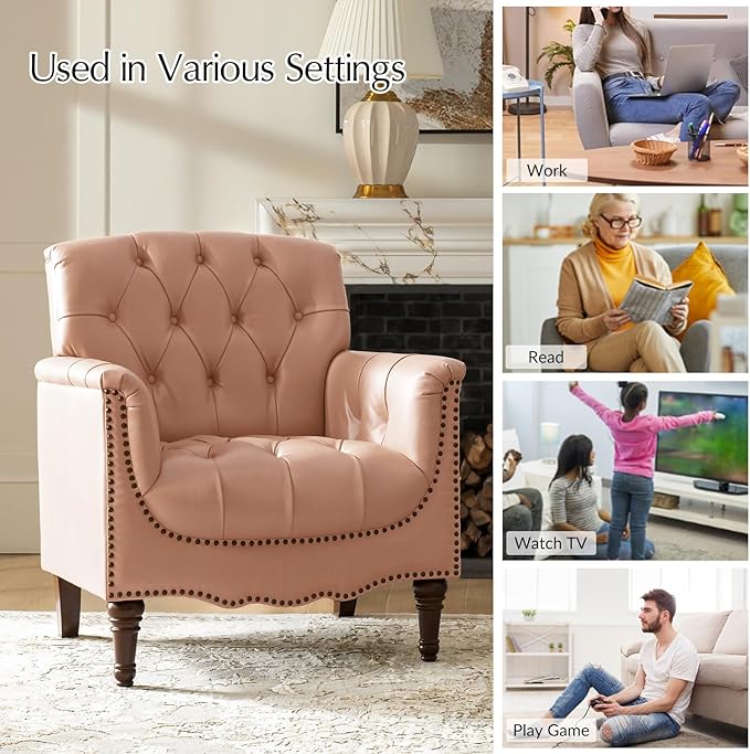 HULALA HOME Mid Century Modern Leather Club Chairs Set of 2, Top-Grain Genuine Leather Armchairs with Button-Tufted Back & Solid Wood Legs, Accent Chairs for Living Room/Bedroom/Home Office, Pink