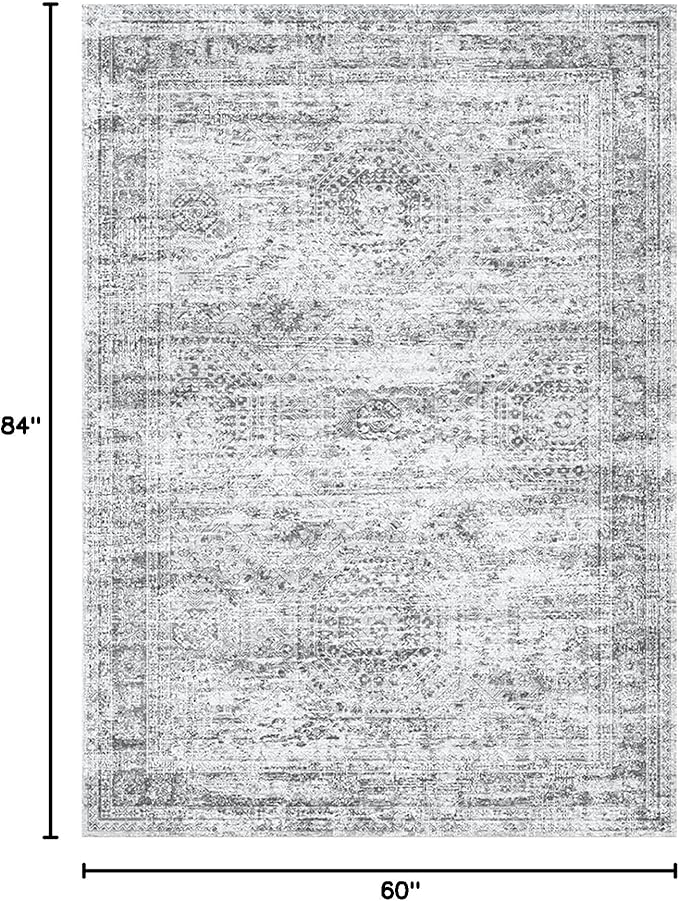 5x7 Area Rugs Gray Low Pile Indoor Washable Trendy Faded Style Rugs for Bedroom Living Room Dining Room Foldable Non-Slip Thin Grey Print Mat