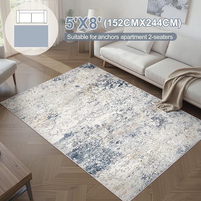 Area Rug Living Room Rugs - 5x8 Abstract Large Soft Indoor Washable Rug Neutral Modern Low Pile Carpet for Bedroom Dining Room Farmhouse Home Office - Beige Blue