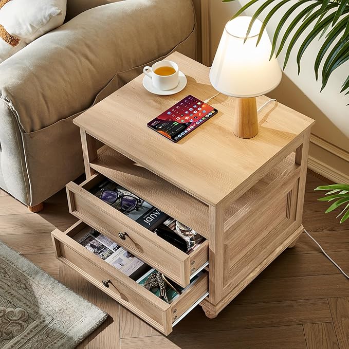 Farmhouse Nightstand with Charging Station, 24" Wide End Table with 2 Drawers, Natural Dresser for Bedroom, Bed Side Table Chest of Drawers Cabinet,Wood Night Stand for Living Room, Closet