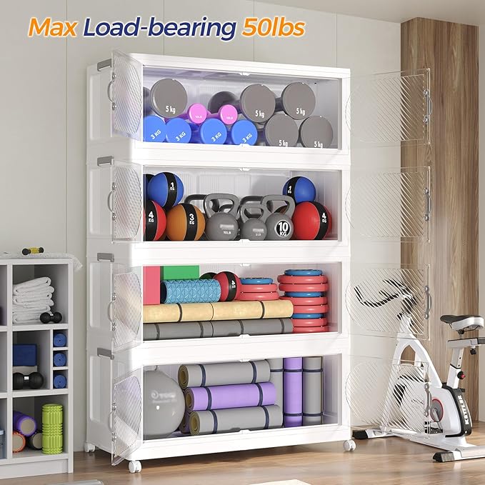 960QT Plastic Stackable Storage Bins with Lid, 240GAL Extra Large Collapsible Box with Wheels Clear Door, Foldable Closet Organizer Container Cabinet Drawer for Home Kitchen，6Pack, White