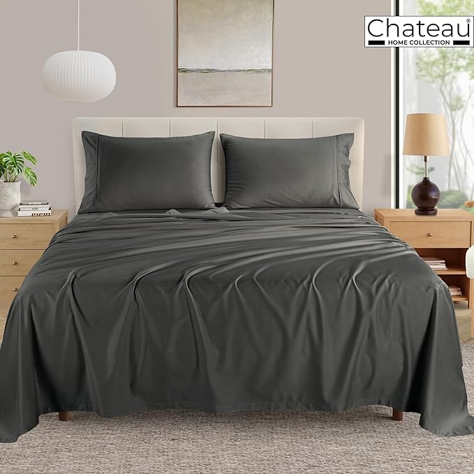 CHATEAU HOME COLLECTION California King Sheet Sets, 400 Thread Count Cotton Bed Sheets Deep Pocket Fits Upto 17", Soft & Comfy Cal King Sheets- Charcoal