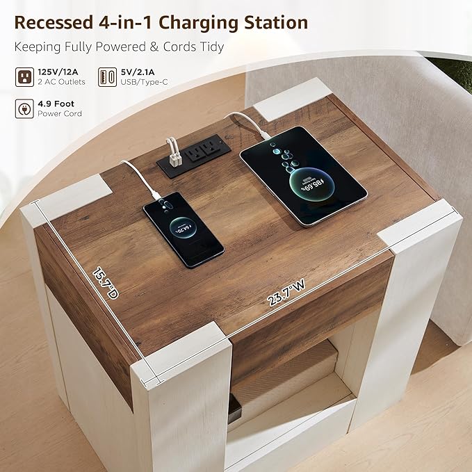OKD 24'' Modern Nightstands Set of 2, Large Wooden End Table with Charging Station & Drawer & Storage Shelf, Rustic Square Bedside Table for Bedroom, Living Room, Wood Thick Design,Antique White