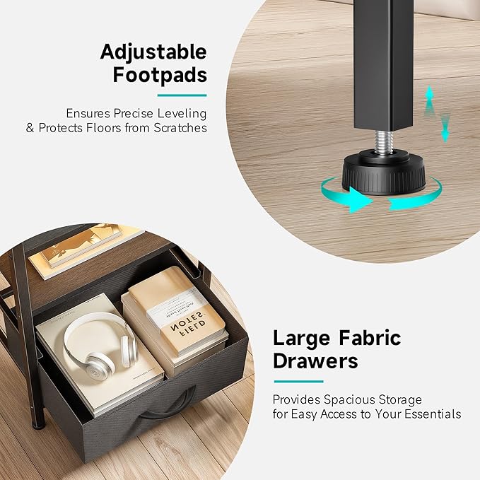 Night Stand Bedside Charger Bedroom - Nightstand with Charging Station & LED Light Strip, Night Stand with Storage Shelf & 3 Fabric Drawers, Morden End Table with U-S-B Ports & AC Outlets
