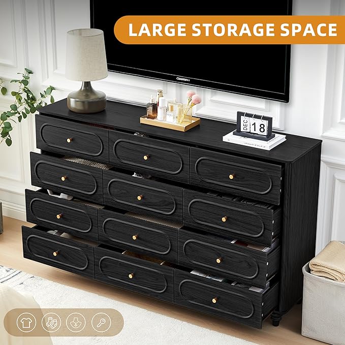 12 Drawer Fluted Dresser for Bedroom, Mid Century Modern Chest of Drawers, Wood Storage Small Dresser Organizer for Bedroom Living Room Hallway Closet, Black