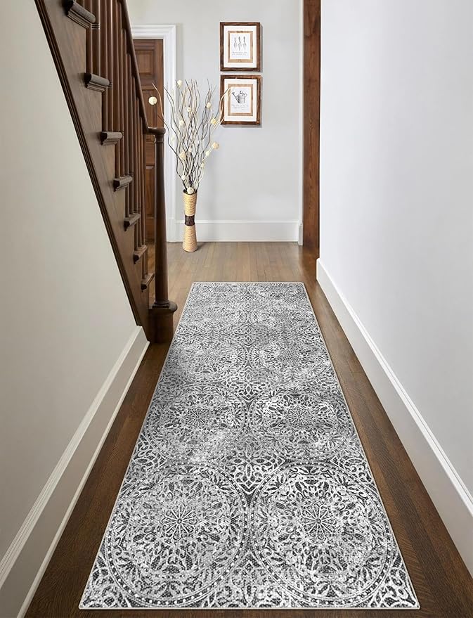 vivorug Grey Runner Rug 2x10 Machine Washable Rug with Non-Slip Backing, Ideal for Kitchen Hallway Entryway Laundry Room - Vintage, Durable, Easy Clean, Low Pile Carpet Runner