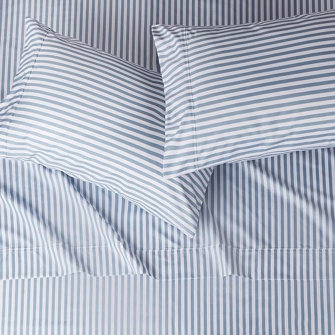 Amazon Basics Lightweight Super Soft Easy Care Microfiber 4 Piece Bed Sheet Set With 14-inch Deep Pockets - Queen, Dusty Blue Pinstripe,Printed