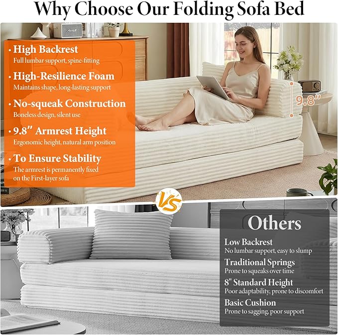 78 Inch Convertible Futon Sofa Bed,Folding Boneless Couch with Sleeper Sofa,Fold Out Floor Sofa Couch with Deep Seat,Cloud Corduroy Foldable Mattress Couches for Living Room(Off White)
