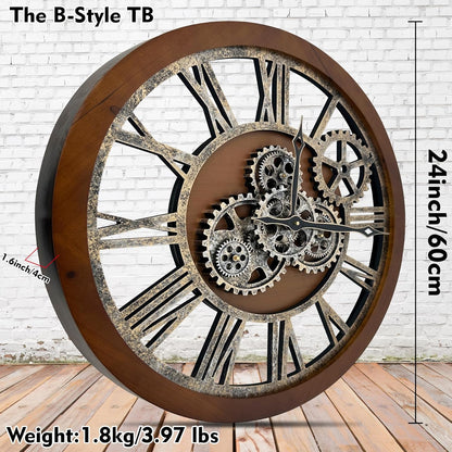 The B-Style Large Wall Clock 24 inch Moving Gear Wall Clock Oversized Vintage Farmhouse Wall Clocks for Living Room Decor Rustic Industrial Wood Clock (Drak Brown and Bronze)