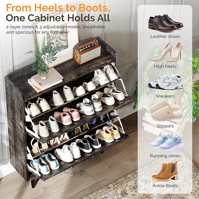 VINGLI Shoe Storage Cabinet for Entryway with 2 Flip Drawers, Ultra Slim Freestanding Entryway Shoe Organizer with Wood Tapered Legs,Hidden Closed Shoe Rack,31.6"W * 9.4"D * 39.4"H, Dark Rustic Oak