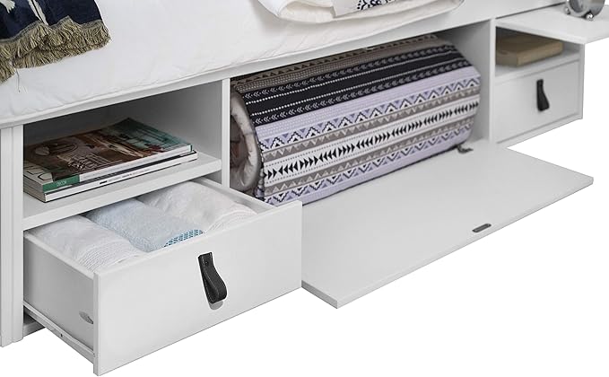 memomad Bali Slim Set: Storage Platform Bed with Drawers + Flat Panel Headboard (King Size, White Wood)