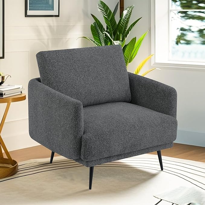 Oversized Accent Chair for Living Room Cozy Reading Chairs Mid-Century Modern Accent Chairs Armchair with Metal Legs Single Sofa Chair for Home Office (1-PCS, Chenille Fabric- Dark Grey)