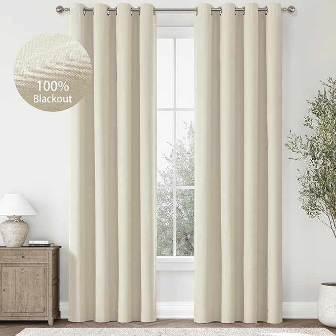ChrisDowa 100% Blackout Birch Solid Curtains 84 Inches Long 2 Panels for Bedroom Living Room,Farmhouse Room Darkening Thermal Insulated Soundproof Grommet Top Window Treatment Drapes,52x84