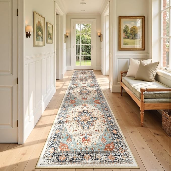 Area Rugs 2'6''x14' Washable Non-Slip, Floral Vintage Distress Print Pattern Medallion Carpet for Living Room Bedroom Dining Room, Beige Navy Blue Orange Colorful