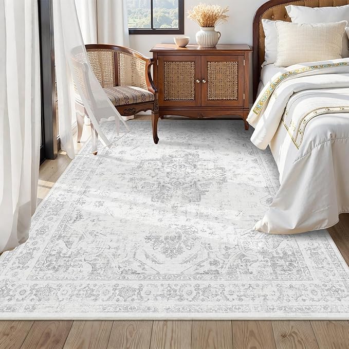 6x9 Vintage Washable Area Rugs Boho Medallion Large Distressed Retro Accent Carpet Floral Non-Slip Soft Low Pile Indoor Throw Rug for Living Room Bedroom Dining Room Office Kitchen, Gray