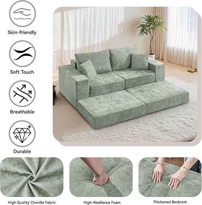 Boneless Sectional Loveseat Couch with Ottoman, Convertible Modular Floor Sleeper Sofa Bed, Comfy Foldable Compression Love Seat Sofa for Living Room, No Assembly, Green