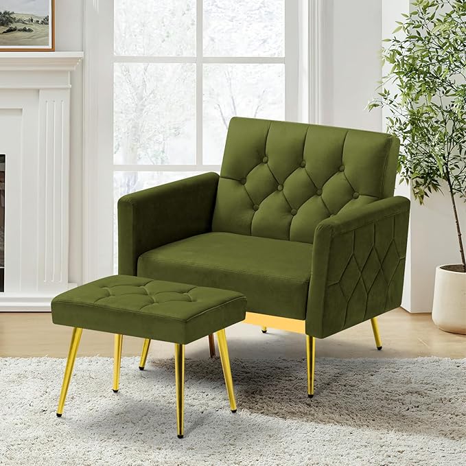 Velvet Accent Chair w/Adjustable Armrests and Backrests, Tufted Single Sofa with Ottoman, Upholstered Reading Chiar for Living Room, Apartment, Bedroom, Olive Green