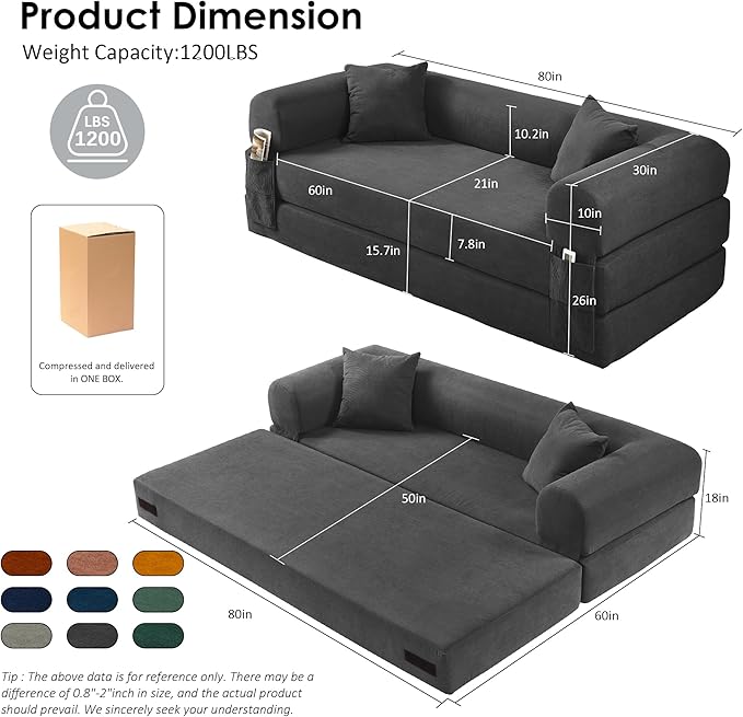 80" Convertible Sofa Bed, 3-in-1 Corduroy Folding Pull Out Couch with Pillows, No Assembly Modern Boneless Couch Compression Sofa in Box, Floor Sofa with Side Storage Pocket for Living Room,Dark Grey