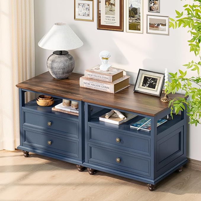 Farmhouse Nightstand Set of 2 with Charging Station, 24" Wide End Table with 2 Drawers,Wood Dresser for Bedroom,Bed Side Table Chest of Drawers Cabinet,Navy BlueNight Stand for Living Room
