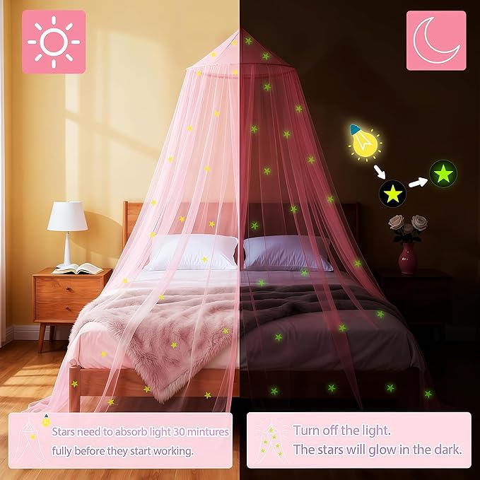 Pink Princess Bed Canopy for Girls with Glowing Stars, Canopy Bed Curtains for Twin, Full, and Queen Sizes; Ceiling Tent for Reading Nooks, Mosquito Net for Indoor Room Decor and Outdoor Use
