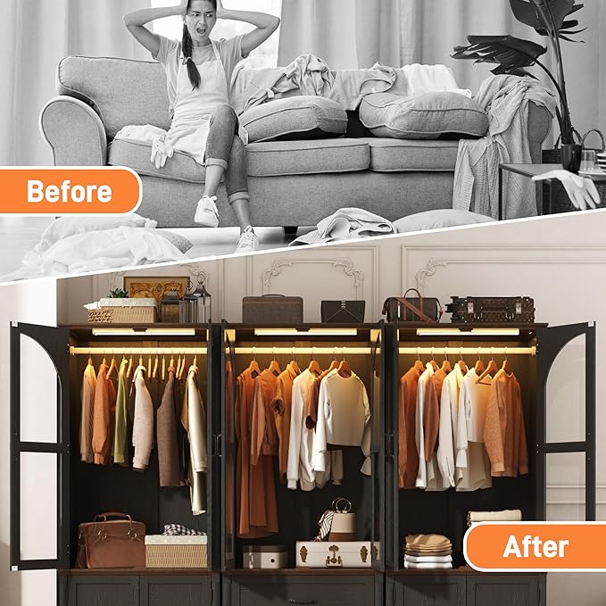 Tall Farmhouse 6 Doors Armoire Wardrobe Closet with LED ,72" Freestanding Arched Wardrobe Closet Cabinet for Bedroom w Glass Doors/Drawers,Wooden Clothing Storage Cabinet,Closets for Bedroom(Black)