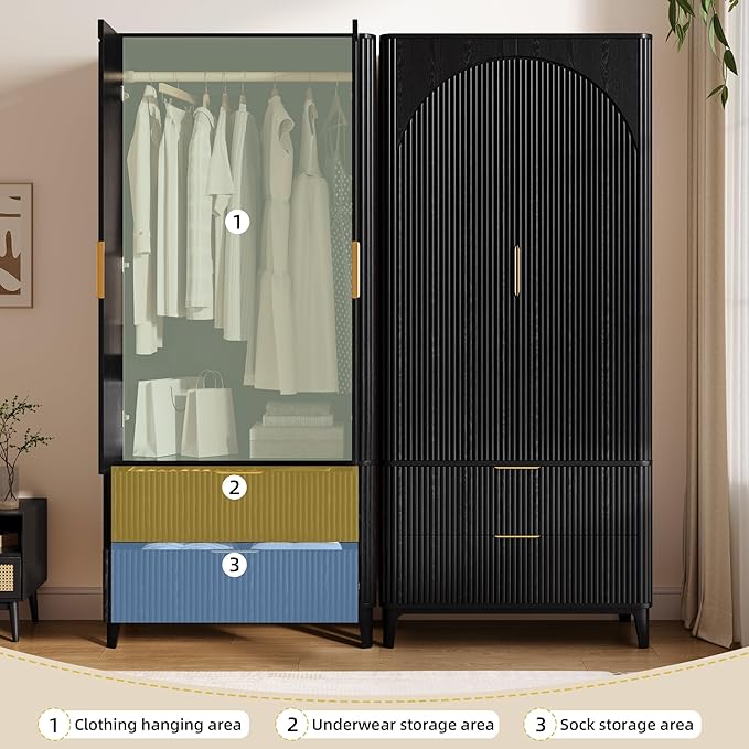 70.1" Arched Wooden Armoire Wardrobe Closet with 2 Doors and 2 Drawers, Fluted Bedroom Armoire with Hanging Rod Shelf, Clothing Storage Cabinet, Wardrobe Armoire Closet Cabinet for Bedroom