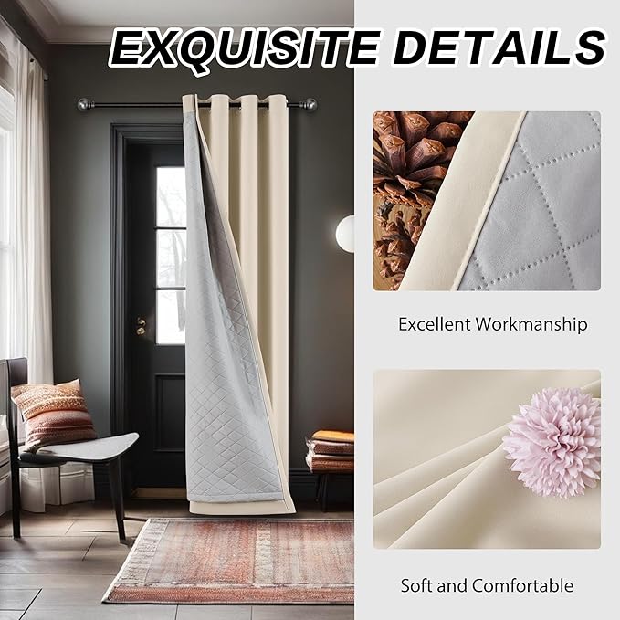 Soundproof Curtains 3-in-1 Beige Blackout Curtains 108 Inches Long for Living Room & Bedroom, Sound Absorbing, Full Room Darkening Grommet Curtains