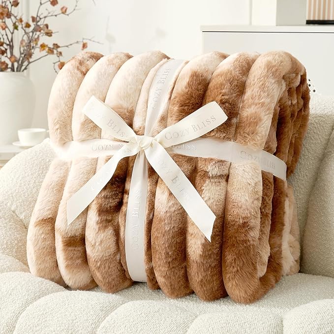 Cozy Bliss Faux Fur Throw Blanket for Couch, Cozy Warm Plush Striped Blanket for Sofa Bedroom Living Room, 108 * 90 Inches Tie-dye Brown