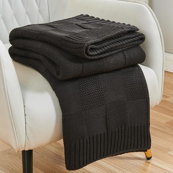 CozeCube Check Knit Throw Blanket, Jet Black Checkered Throw for Couch, Decorative Christmas Soft Cozy Warm Knitted Blanket for Bed Sofa Living Room, 60"X80"