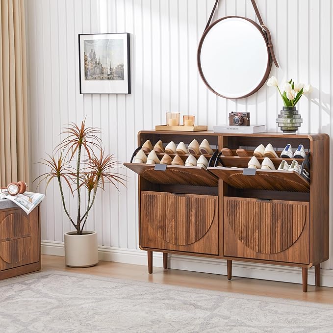 Turtle&Myrtle Narrow Fluted Shoe Cabinet for Entryway, Slim Hidden Shoe Rack, Wooden Freestanding Shoe Storage Organizer with 4 Flip Drawers, Hallway, Living Room, Foyer (Walnut)