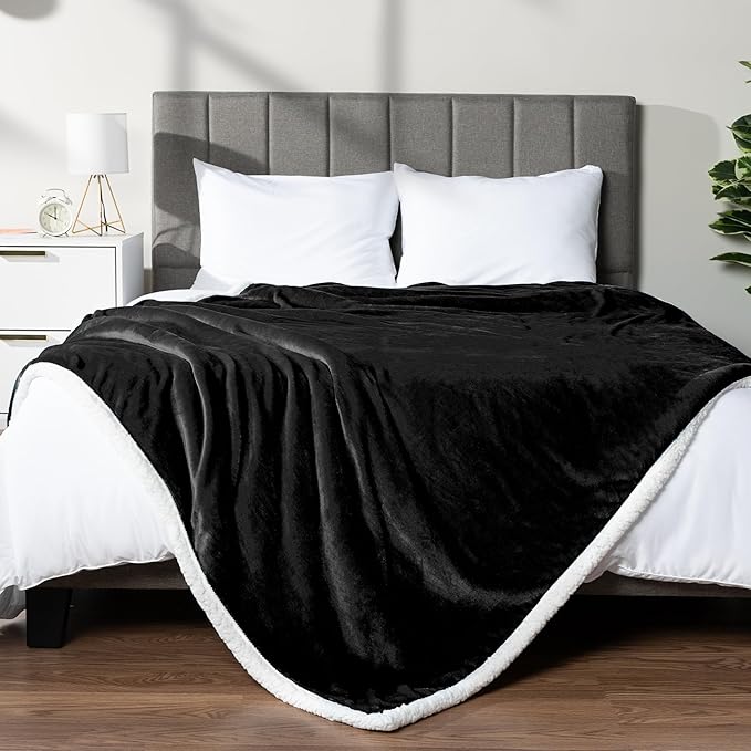 PAVILIA Sherpa Fleece Throw Blanket for Couch, Twin Size, Black, Plush Soft Fuzzy Sofa Blanket, Cozy Reversible Winter Throw for Women Men, 60x80 Inches