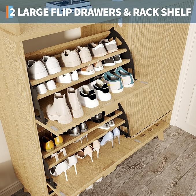 IDEALHOUSE Fluted Shoe Cabinet Storage with 2 Flip Drawers & Sliding Door & Adjustable Shelf Rack，Freestanding Wood Narrow Hidden Shoe Organizer for Entryway, Hallway, Living Room