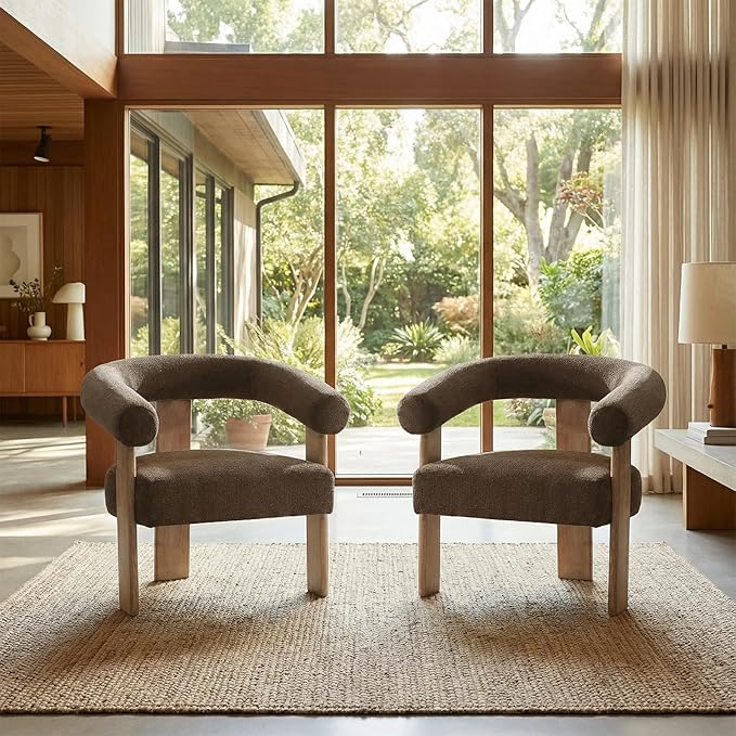VKNOW Accent Chair Living Room Chairs Set of 2, Modern Upholstered Arm Chair with Solid Wood Legs, Comfy Barrel Accent Chairs for Living Room, Bedroom, Brown