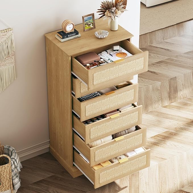 6 Drawer Tall Dresser for Bedroom, 50 Inch Tall Dressers & Rattan Chest of Drawers, Boho Style, Wood Modern Dressers Organizer for Bedroom, Living Room, Hallway, Entryway, Natural Oak