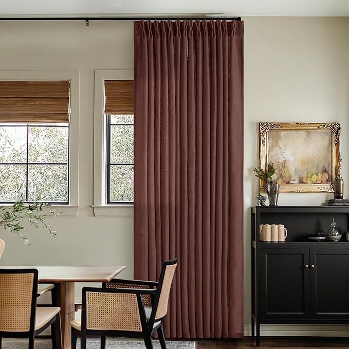 Maroon Pinch Pleated Linen Curtains 108 Inches Long for Living Room 2 Panels Set Flax Double Pleated Drapes Back Tab Farmhouse Ceiling Floor 108 Inch Window Curtains Bedroom Chestnut Reddish Brown