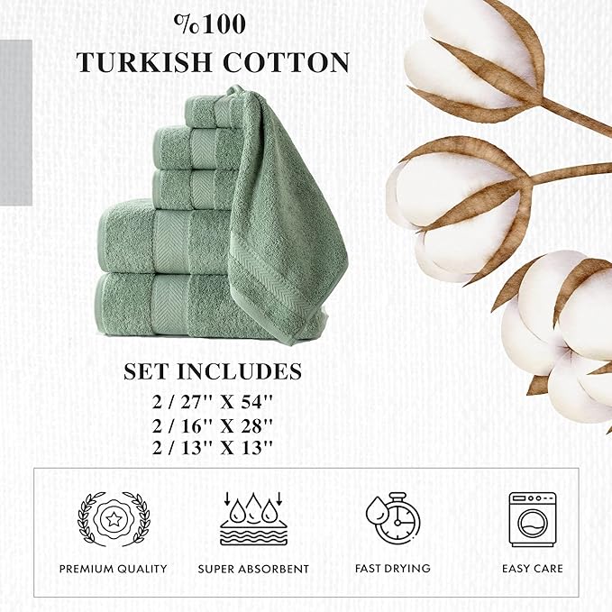 Personalized Towels - Customized Turkish Cotton Towel Set, Monogrammed Towels with Initials, Name & Embroidery, Idea (Green, 6 Piece Towel Set)