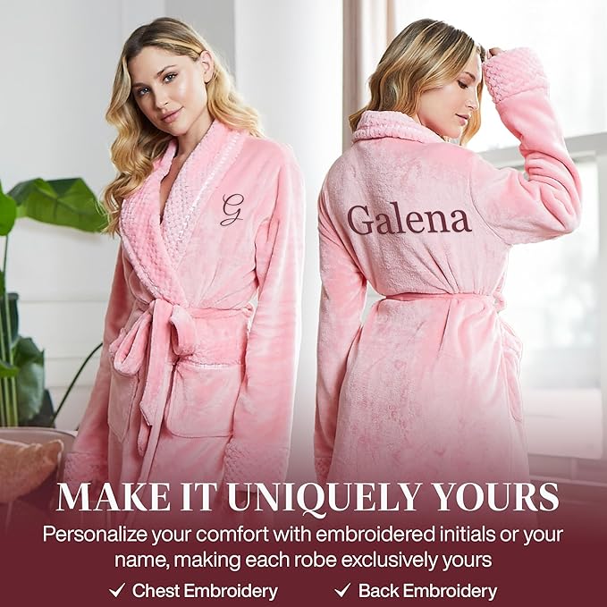 Lotus Linen Plush Robes for Women - Soft Bathrobe, Custom Monogram, Warm Fleece Robe with Pockets
